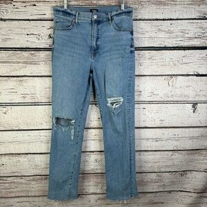 Express Modern Straight Super High Rise Jeans Size 10R Distressed Raw Hem in EUC